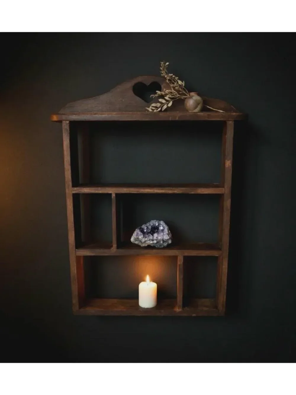 Trinket Shelf with Heart Cutout Dark Walnut Wood Wall Shelf for Altar Crystals